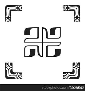 polynesian tattoo indigenous primitive art. vector black monochrome ink hand drawn native polynesian folk art symbols rectangle Marquesan cross, arms of Tiki illustration isolated white background