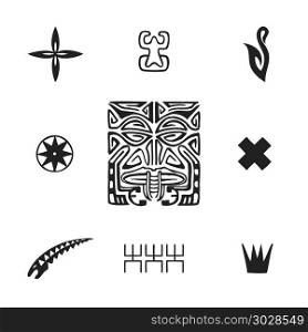 polynesian tattoo indigenous primitive art. vector black monochrome ink hand drawn native polynesian folk art symbols Tiki, tapa flower, Enata, fish hook, Puahitu, compass, moray eel, Kena warrior, coconut illustrations isolated white background