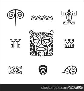 polynesian tattoo indigenous primitive art. vector black monochrome ink hand drawn native polynesian folk art symbols Tiki, sea waves, turtle, Enata, Papua, Ipu, sea shell illustrations isolated white background