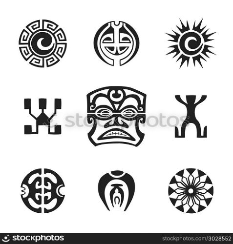 polynesian tattoo indigenous primitive art. vector black monochrome ink hand drawn native polynesian folk art symbols Tiki, sun, Kautupa, Enata, all-seeing eye, flower illustrations isolated white background