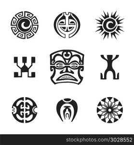 polynesian tattoo indigenous primitive art. vector black monochrome ink hand drawn native polynesian folk art symbols Tiki, sun, Kautupa, Enata, all-seeing eye, flower illustrations isolated white background