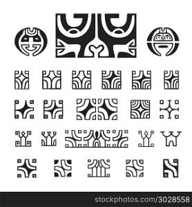 polynesian tattoo indigenous primitive art. vector black monochrome ink hand drawn native polynesian folk art symbols Mata Hoata brilliant eye, Kautupa, Hope Vehine, Teffio, Vai O Kena variations illustrations isolated white background