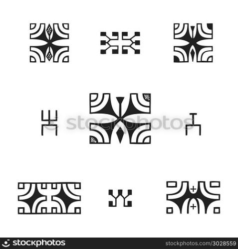 polynesian tattoo indigenous primitive art. vector black monochrome ink hand drawn native polynesian folk art symbols Enata, Kena warrior, Hope Vehine, Vai O Kena illustrations isolated white background