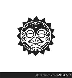 polynesian tattoo indigenous primitive art. vector black monochrome ink hand drawn native polynesian folk art sun symbol mythological circle Tiki face illustration isolated white background