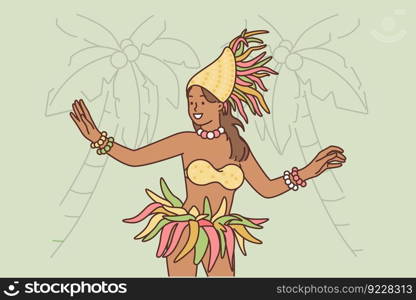 Polynesian woman performs exotic dance to entertain tourists visiting tropical island during summer vacation. Girl representative of polynesian indigenous peoples dances on beach with palm trees. Polynesian woman performs exotic dance to entertain tourists visiting tropical island