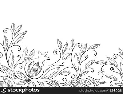 Pomegranate background. Black and white linear vector illustration. Adult coloring page.. Pomegranate background.