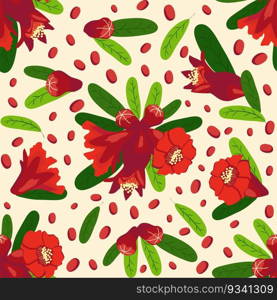 Pomegranate flowers Seamless pattern. Bright leaves and flowers. Shana Tova seamless pattern. Jewish New Year with Rosh Hashanah, Yalda. Pomegranate flowers Seamless pattern. Bright leaves and flowers. Shana Tova seamless pattern. Jewish New Year