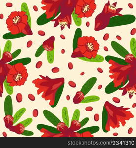 Pomegranate flowers Seamless pattern. Bright leaves and flowers. Shana Tova seamless pattern. Jewish New Year with Rosh Hashanah, Yalda. Pomegranate flowers Seamless pattern. Bright leaves and flowers. Shana Tova seamless pattern. Jewish New Year