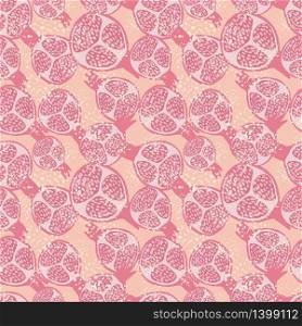 Pomegranate fruit seamless pattern. Geometric pomegranates wallpaper in doodle style. Hand drawn vector illustration. Design for fabric, textile print, wrapping, kitchen textile.. Pomegranate fruit seamless pattern. Geometric pomegranates wallpaper in doodle style.