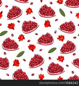 Pomegranate fruits piece seamless pattern on white background, Fresh organic food, Red ruby fruit pattern. Vector illustration.