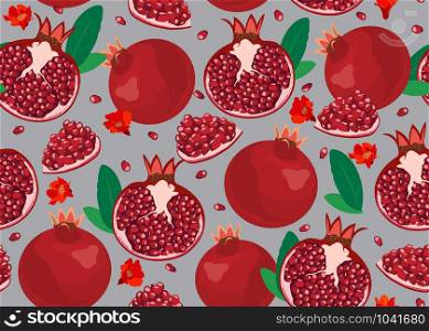 Pomegranate fruits seamless pattern and piece on silver background, Fresh organic food, Red ruby fruit pattern. Vector illustration.