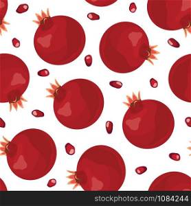 Pomegranate fruits seamless pattern and seed on white background, Fresh organic food, Red ruby fruits pattern. Vector illustration.