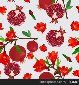 Pomegranate fruits seamless pattern with flower on white background, Fresh organic food, Red ruby fruits pattern. Vector illustration.