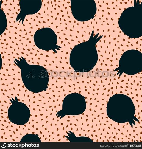 Pomegranate in doodle style seamless pattern on white background. Hand drawn fresh organic summer fruit backdrop. Design for fabric, textile print, wrapping paper. Vector illustration. Pomegranate in doodle style seamless pattern on white background.