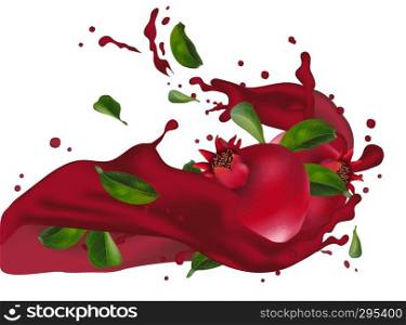 Pomegranate juice ads with splashing. Good for packaging, cosmetics, cocktail, spa, pomegranate juice, health care products, perfume. Vector Illustration.