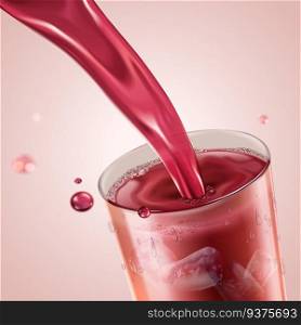 Pomegranate or berry juice pouring down into a glass cup with condensation in 3d illustration. Pomegranate or berry juice