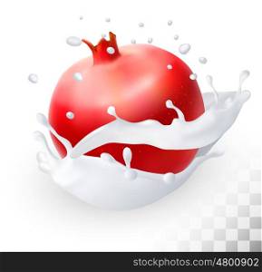 Pomegranate or garnet in a milk splash on a transparent background. Vector.