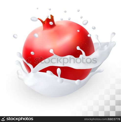 Pomegranate or garnet in a milk splash on a transparent background. Vector.