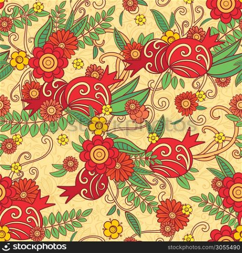 Pomegranate seamless pattern. Floral vector repeat pattern with decorative pomegranate fruits, flowers and leaves. Vector illustration. Pomegranate seamless pattern.
