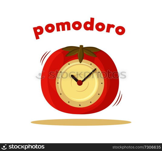 Pomodoro clock card colored vector illustration of interesting watch situated in tomato case two pointers, alarming timer isolated on white background. Pomodoro Clock Card Colored Vector Illustration