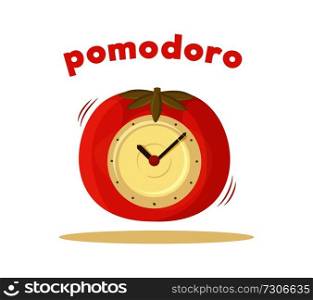 Pomodoro clock card colored vector illustration of interesting watch situated in tomato case two pointers, alarming timer isolated on white background. Pomodoro Clock Card Colored Vector Illustration