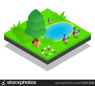 Pond concept banner. Isometric banner of pond vector concept for web, giftcard and postcard. Pond concept banner, isometric style