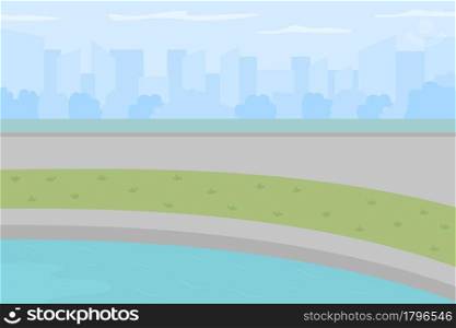 Pond in urban park flat color vector illustration. Public fishing land. Place for enjoying outdoor activities. Public open space. Peaceful 2D cartoon lake with urban environment on background. Pond in urban park flat color vector illustration