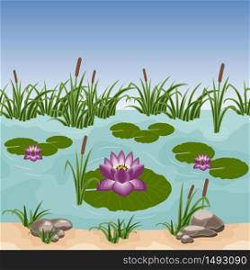 Pond with colorful water lilies, reeds in grass and stones. Can be used as a seamless background for game or cartoon asset. Vector illustration, tileable horizontally
