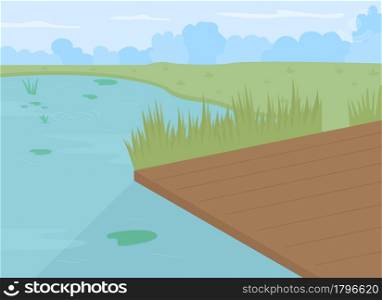 Pond with dock flat color vector illustration. Wetland reeds and rushes. Artificial lake for recreational fishing. Calm river with pier 2D cartoon landscape with lush forest on background. Pond with dock flat color vector illustration