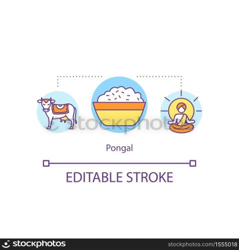 Pongal concept icon. South India rice dish. Indian religious and public holidays. Harvest festival idea thin line illustration. Vector isolated outline RGB color drawing. Editable stroke. Pongal concept icon