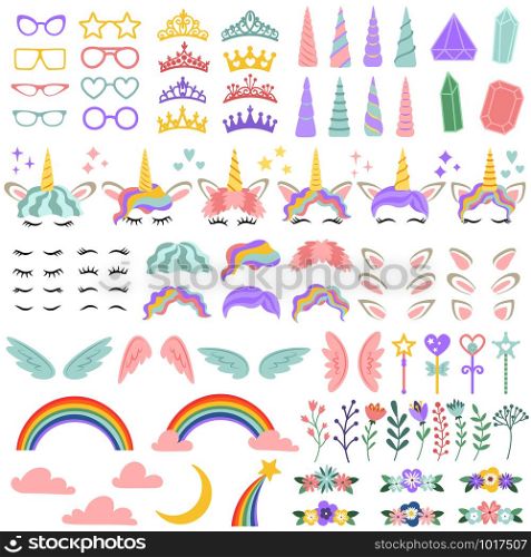 Pony unicorn face elements. Pretty hairstyle, magic horn and little fairy crown. Unicorns character head creative rainbow, wreath and hairstyle. Girly cartoon vector isolated illustration icon set. Pony unicorn face elements. Pretty hairstyle, magic horn and little fairy crown. Unicorns head creative vector illustration set