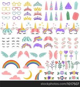 Pony unicorn face elements. Pretty hairstyle, magic horn and little fairy crown. Unicorns character head creative rainbow, wreath and hairstyle. Girly cartoon vector isolated illustration icon set. Pony unicorn face elements. Pretty hairstyle, magic horn and little fairy crown. Unicorns head creative vector illustration set