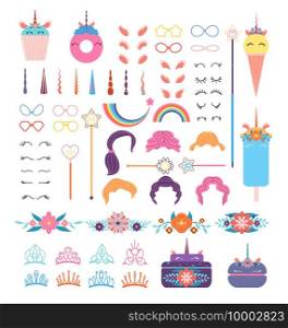 Pony unicorn face elements. Unicorns head with hairstyle, mane and horn. Crowns and glasses, wings and flowers, rainbow vector set. Illustration eyelash and hair, ears and hairstyle, crown and flower. Pony unicorn face elements. Unicorns head with hairstyle, mane and horn. Crowns and glasses, wings and flowers, rainbow vector set