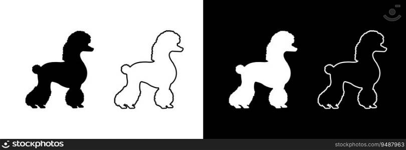 Poodle dog on a black and white background. Silhouette and outline.
