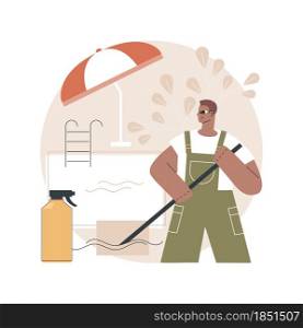 Pool and outdoor cleaning abstract concept vector illustration. Swimming pool chemicals, outdoor maintenance company, deck cleaner, patio polishing service, tools and equipment abstract metaphor.. Pool and outdoor cleaning abstract concept vector illustration.