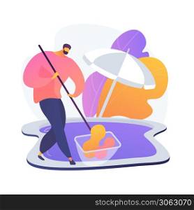 Pool and outdoor cleaning abstract concept vector illustration. Swimming pool chemicals, outdoor maintenance company, deck cleaner, patio polishing service, tools and equipment abstract metaphor.. Pool and outdoor cleaning abstract concept vector illustration.