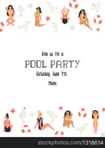 Pool, beach party invitation template, card with beautiful girls in swim wear. Colorful vector poster. Pool, beach party invitation template, card