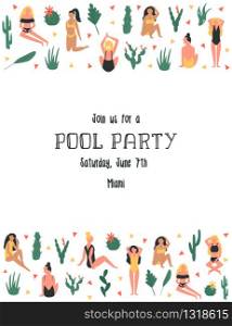Pool, beach party invitation template, card with beautiful girls in swim wear. Colorful vector poster. Pool, beach party invitation template, card