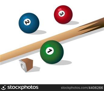 pool. Billiard spheres and wooden instrument on a white background