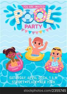 Pool birthday party invite poster with kids with inflatable rings. Summer swimming event for children. Cartoon vacation vector advertising. Little boys and girls having leisure activity. Pool birthday party invite poster with kids with inflatable rings. Summer swimming event for children. Cartoon vacation vector advertising