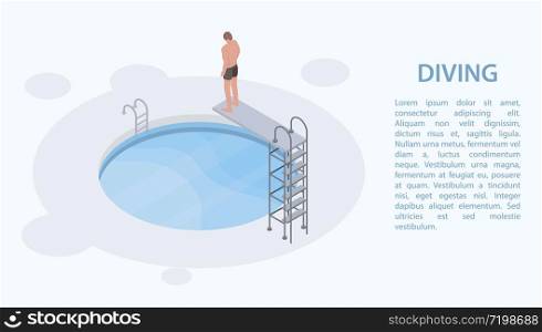Pool diving board concept banner. Isometric illustration of pool diving board vector concept banner for web design. Pool diving board concept banner, isometric style