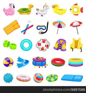 Pool equipment icons set. Cartoon set of pool equipment vector icons for web design. Pool equipment icons set, cartoon style