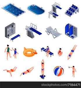 Pool equipment icons set. Isometric set of pool equipment vector icons for web design isolated on white background. Pool equipment icons set, isometric style