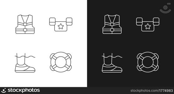 Pool equipment linear icons set for dark and light mode. Life jacket. Puddle jumper. Water shoes. Ring buoy. Customizable thin line symbols. Isolated vector outline illustrations. Editable stroke. Pool equipment linear icons set for dark and light mode