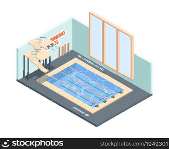 Pool fitness interior. Spa diving leisure club for swimmers sport center isometric building. Interior sport swimming pool, hobby aqua building illustration. Pool fitness interior. Spa diving leisure club for swimmers sport center isometric building