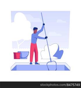 Pool maintenance isolated concept vector illustration. Repairman deals with pool cleaning, private house maintenance service, mold removal process using chemical substances vector concept.. Pool maintenance isolated concept vector illustration.