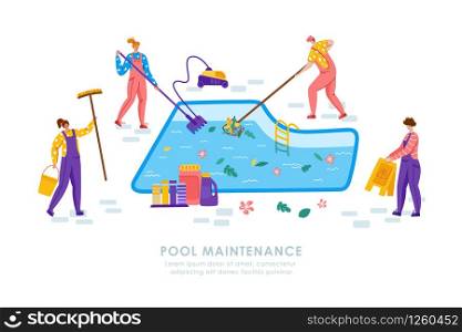 Pool maintenance or cleaning service, group of people in uniform, cleaning products for swimming pool, workers with equipment - test water, net, broom, flat vector for website, landing page, banner. swimming pool searvcice flat concept