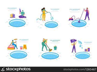 Pool maintenance or cleaning service, group of people in uniform, cleaning products for swimming pool, workers with equipment - test water, net, broom, flat vector for website, landing page, banner. swimming pool searvcice flat concept