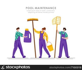 Pool maintenance or cleaning service, group of people in uniform, cleaning products for swimming pool, workers with equipment - net, broom, flat vector banner, landing, website, advertising brochure. swimming pool searvcice flat concept
