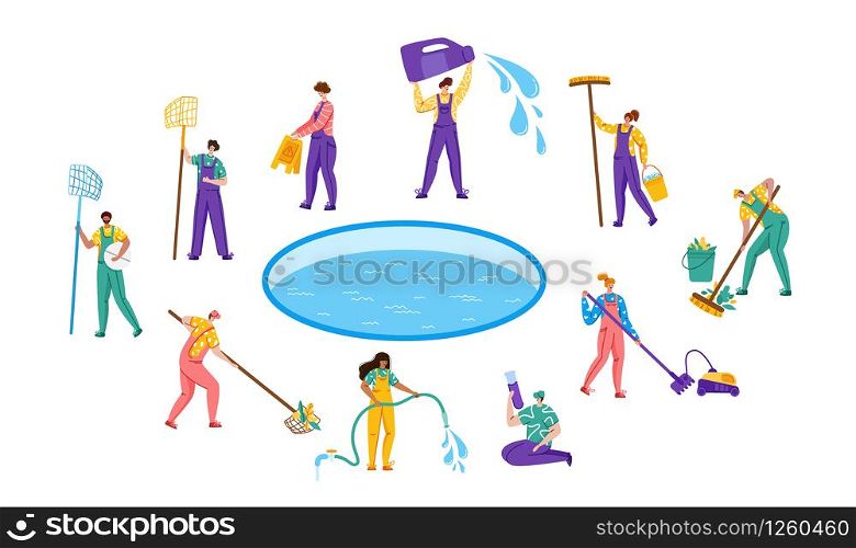 Pool maintenance or cleaning service, set of people in uniform, cleaning team and products for swimming pool, workers with equipment - test water, net, broom, flat vector for website, landing, banner. swimming pool searvcice flat concept